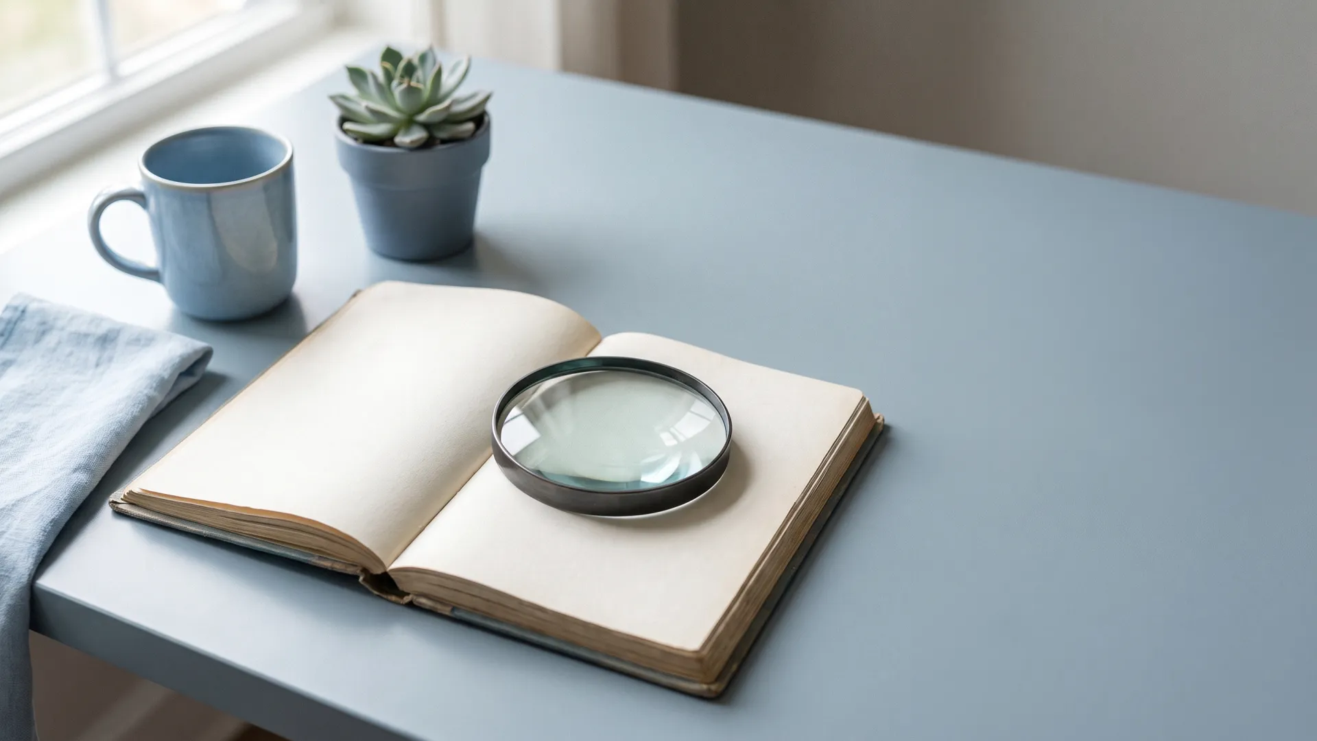An open notebook with blank pages and a round magnifier on a slate-blue table