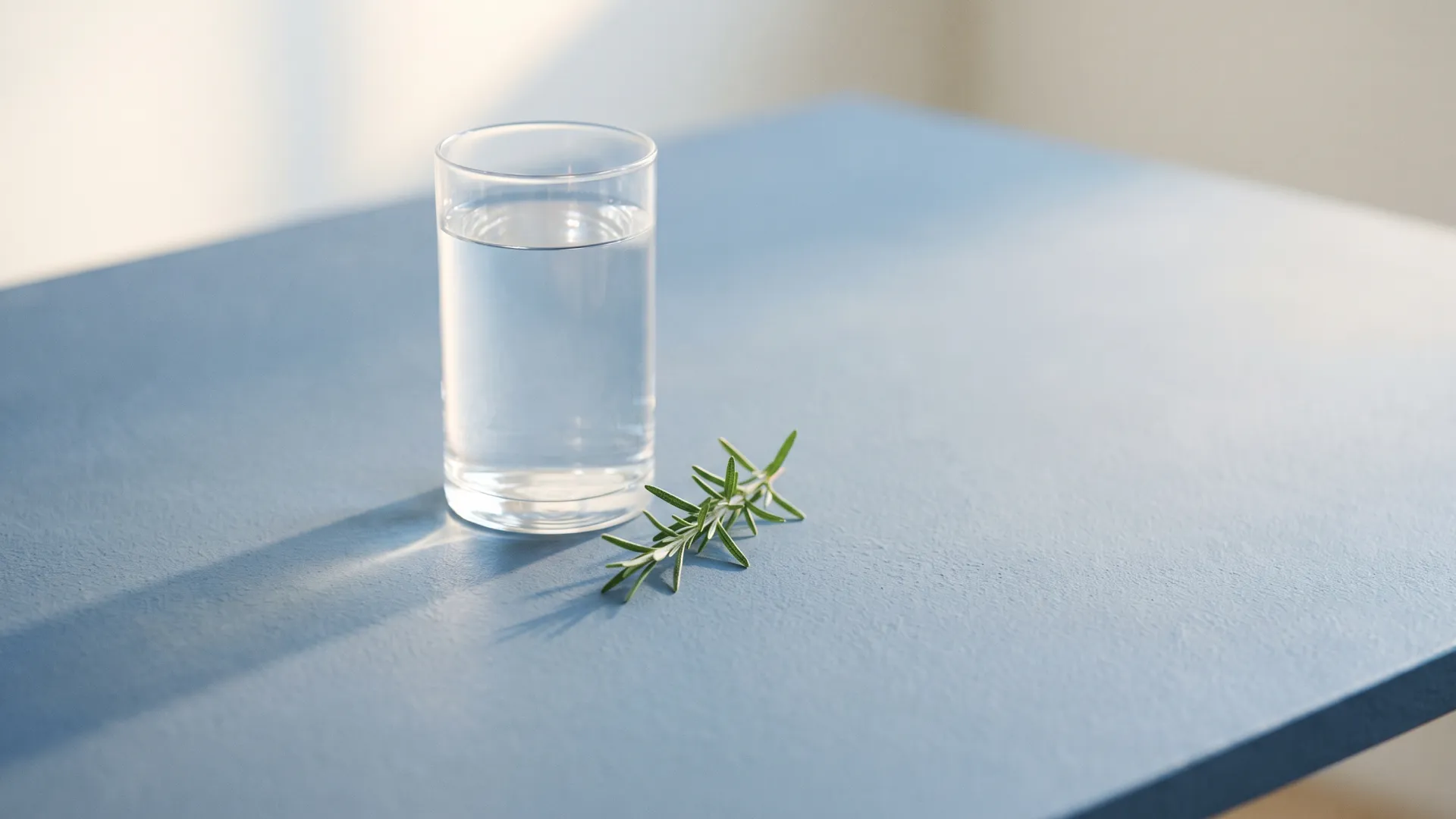 A glass of water and a sprig of rosemary on a slate-blue table in early light