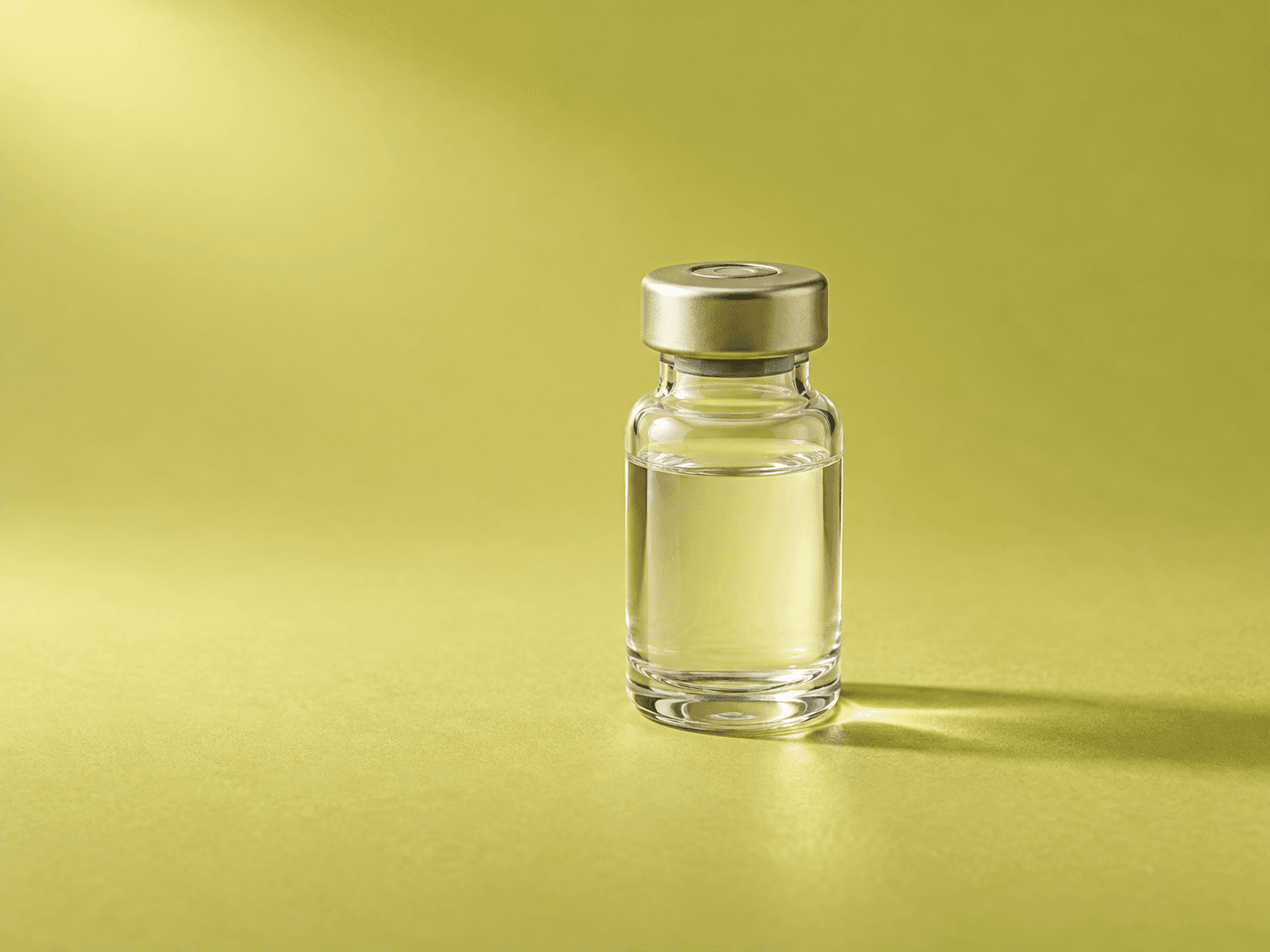 Unbranded illustrative glass vial on a chartreuse studio background